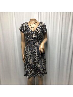 Perceptions Dress Womens Size 6P Brown Gray Stretchy Short Sleeve V-Neck Office